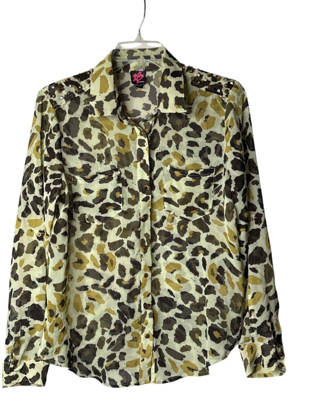 2B Bebe Sheer Snap Front Top S Studded Leopard Print Green Black Y2K Vintage